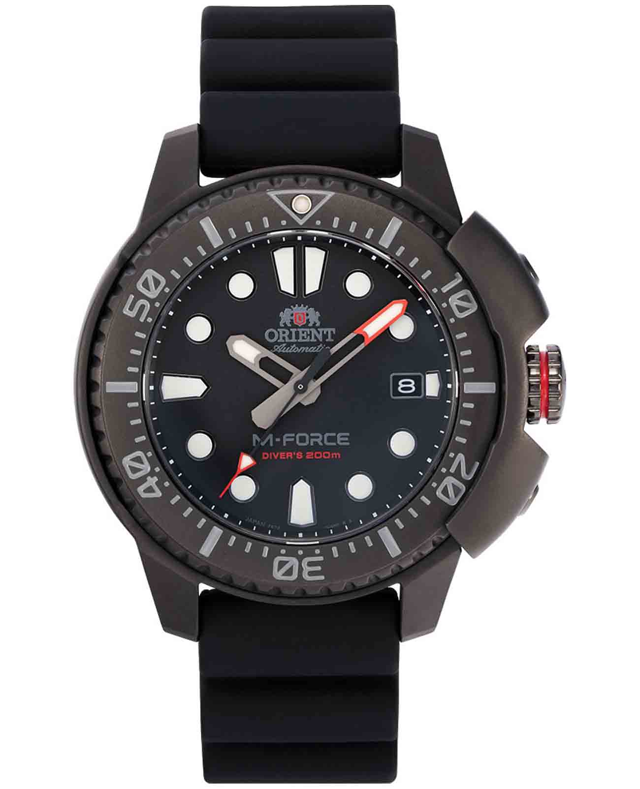 Orient Orient M-Force RA-AC0L03B (RN-AC0L03B)  RA-AC0L03B механические мужские часы черный циферблат, браслет каучук — вид спереди