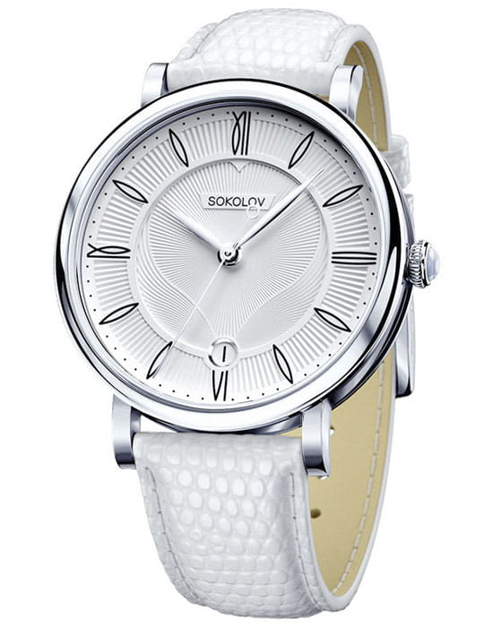 Sokolov 103.30.00.000.01.02.2  103.30.00.000.01.02.2 кварцевые женские часы белый циферблат, браслет кожаный — вид спереди