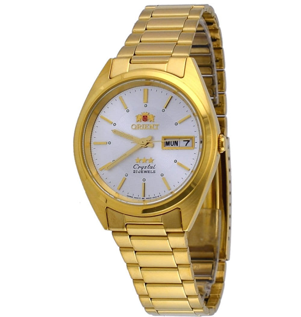 Orient Orient AB00008C (FAB00008C)  FAB00008C механические мужские часы белый циферблат, браслет нержавеющая сталь + золото 18к — вид спереди