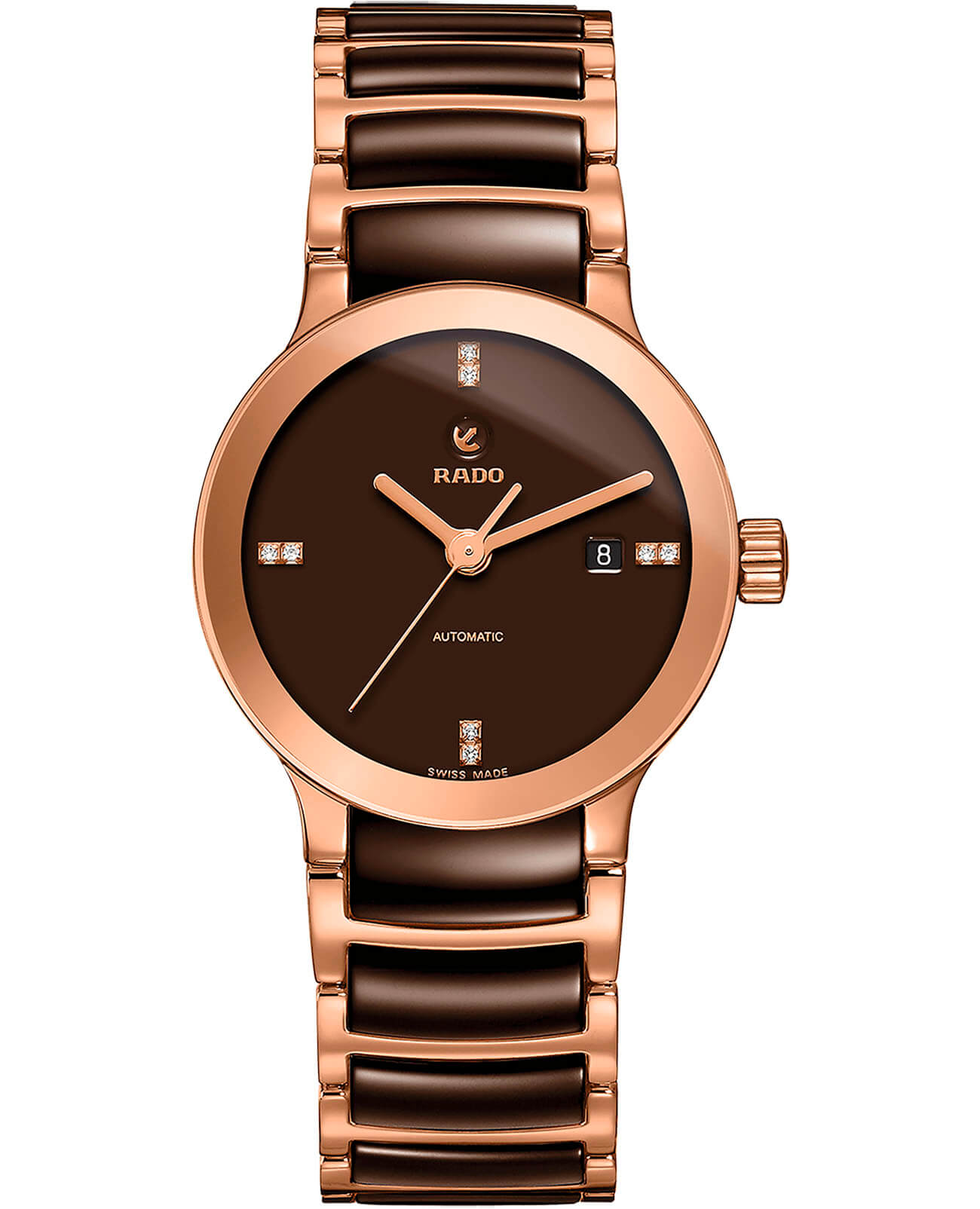 Rado Rado Centrix Automatic Diamonds R30183722 Automatic R30183722 механические женские часы коричневый циферблат, браслет сталь + pvd + керамика — вид спереди