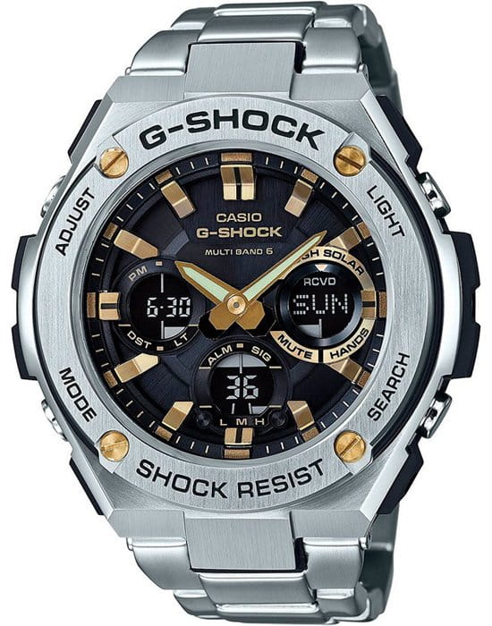 Casio Casio G-Shock GST-W110D-1A9 GST G-Steel GST-W110D-1A9 электронные мужские часы черный циферблат, браслет нержавеющая сталь — вид спереди