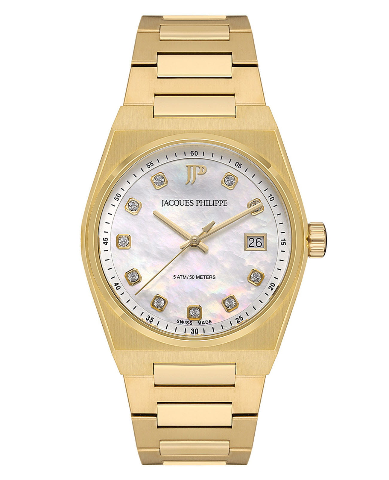 Jacques Philippe Jacques Philippe Aurora JPQLS522384S  JPQLS522384S кварцевые женские часы перламутровый циферблат, браслет нержавеющая сталь с ip-покрытием — вид спереди