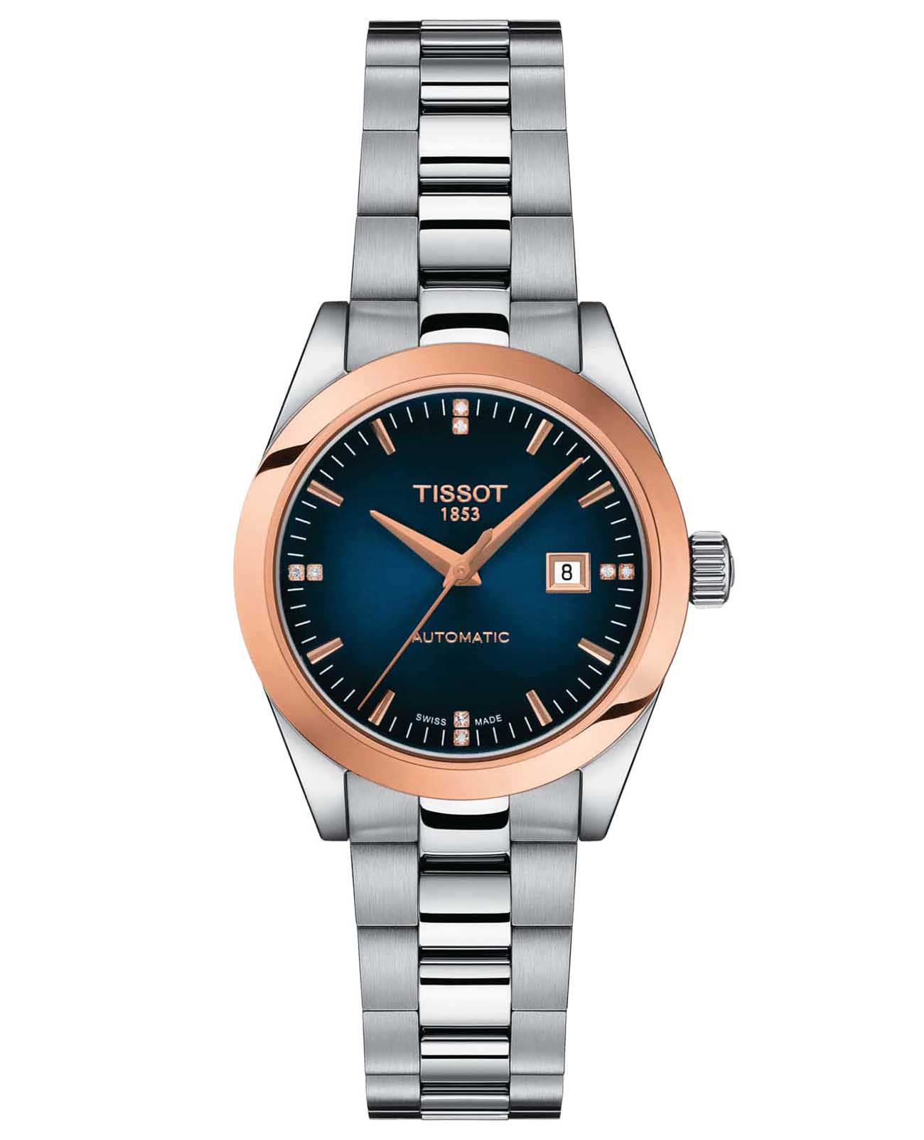 Tissot Tissot T-My Lady Automatic 18K Gold T930.007.41.046.00 T My Lady T9300074104600 механические женские часы синий циферблат, браслет нержавеющая сталь — вид спереди