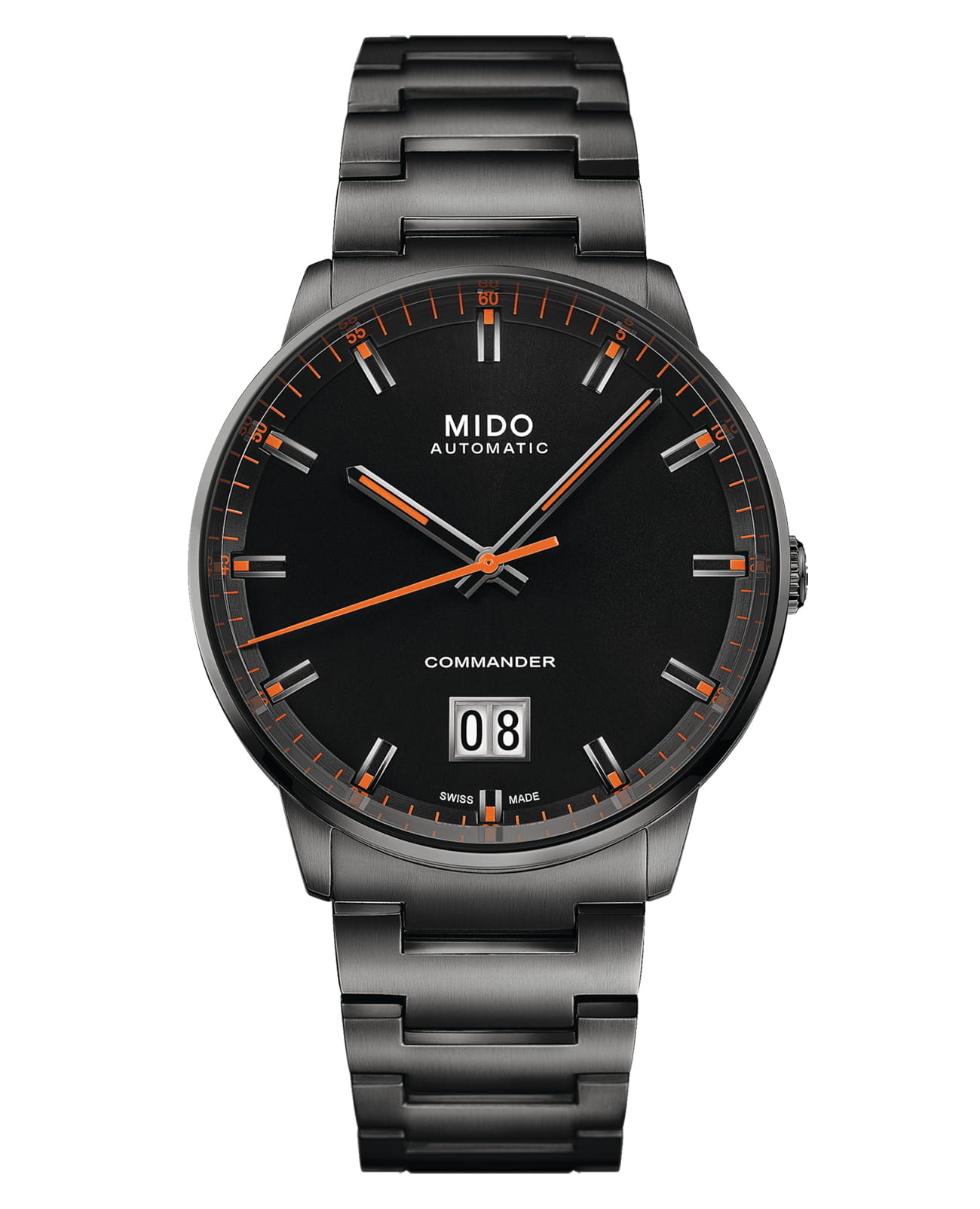 Mido Mido Commander Big Date M021.626.33.051.00  M0216263305100 механические мужские часы черный циферблат, браслет нержавеющая сталь — вид спереди