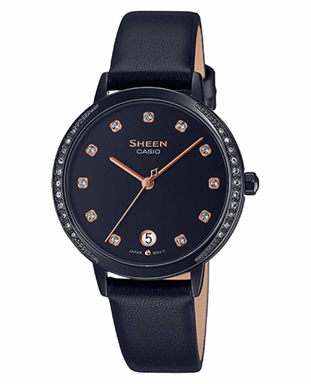 Casio Casio Sheen SHE-4056BL-1A  SHE-4056BL-1A кварцевые женские часы черный циферблат, браслет сталь с ip покрытием — вид спереди