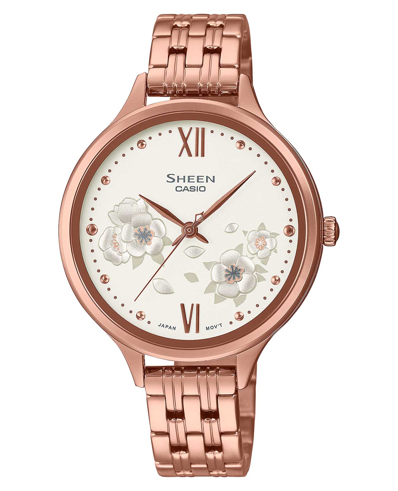 Casio Casio Sheen SHE-4551PG-7AUDF  SHE-4551PG-7AUDF кварцевые женские часы бежевый циферблат, браслет сталь с ip покрытием — вид спереди