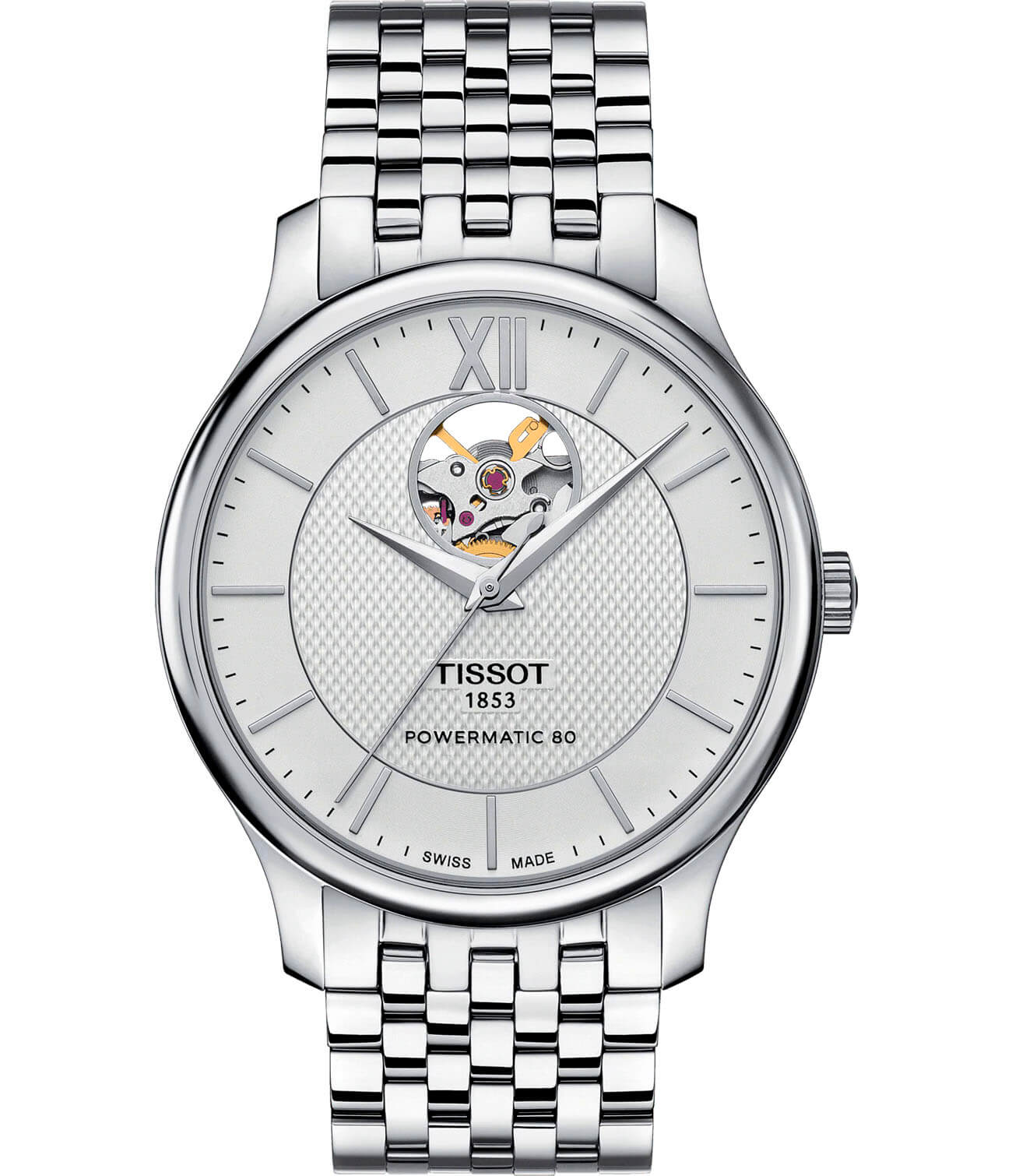Tissot Tissot Tradition Powermatic 80 Open Heart T063.907.11.038.00 Tradition T0639071103800 механические мужские часы серебристый циферблат, браслет нержавеющая сталь — вид спереди