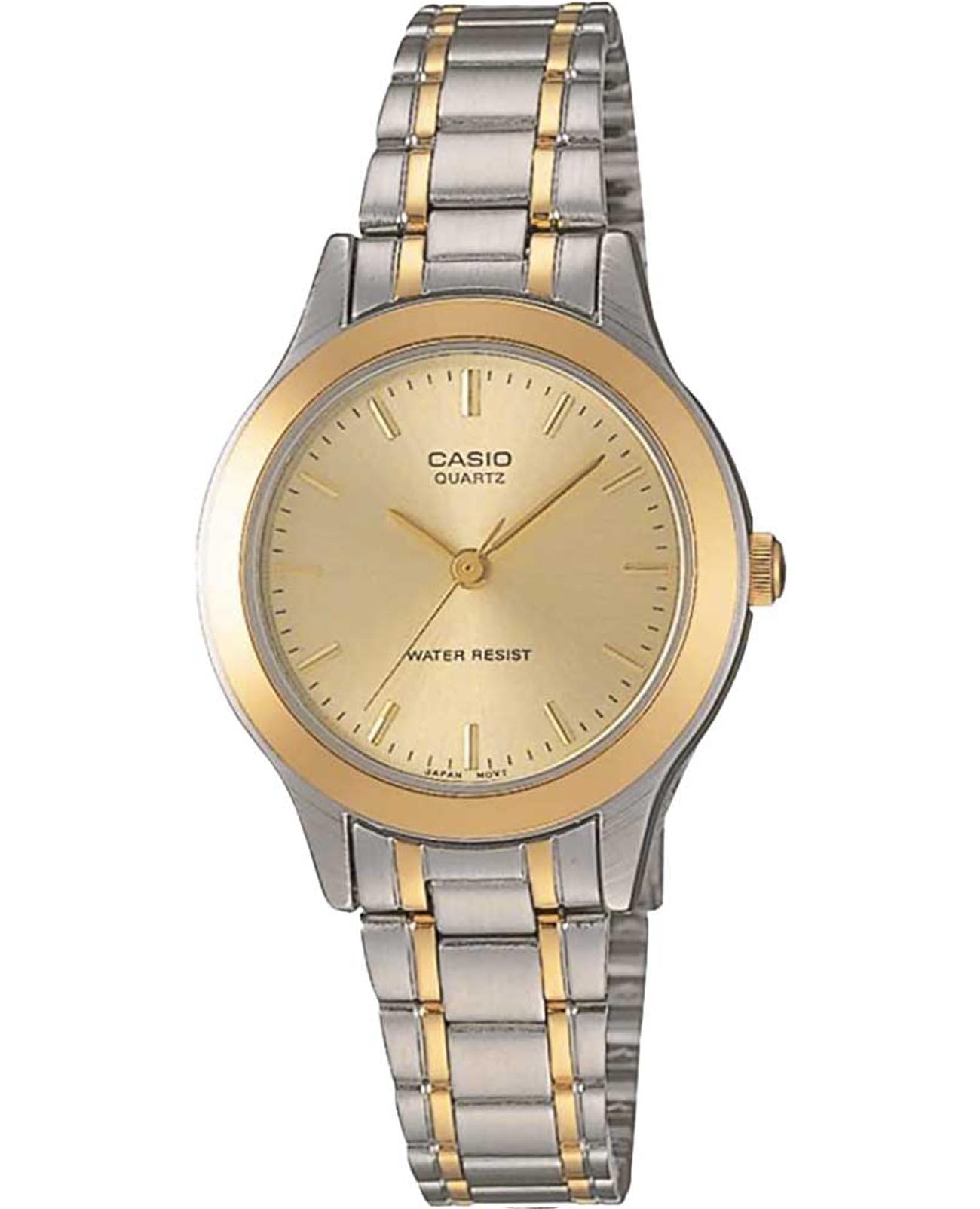 Casio Casio Collection LTP-1128G-9A  LTP-1128G-9A кварцевые женские часы белый циферблат, браслет нержавеющая сталь с ip-покрытием — вид спереди