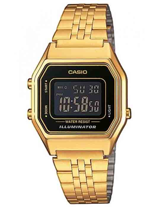 Casio Casio Vintage LA680WGA-1BDF (LA680WGA-1B)  LA680WGA-1B кварцевые женские часы черный циферблат, браслет сталь с ip покрытием — вид спереди