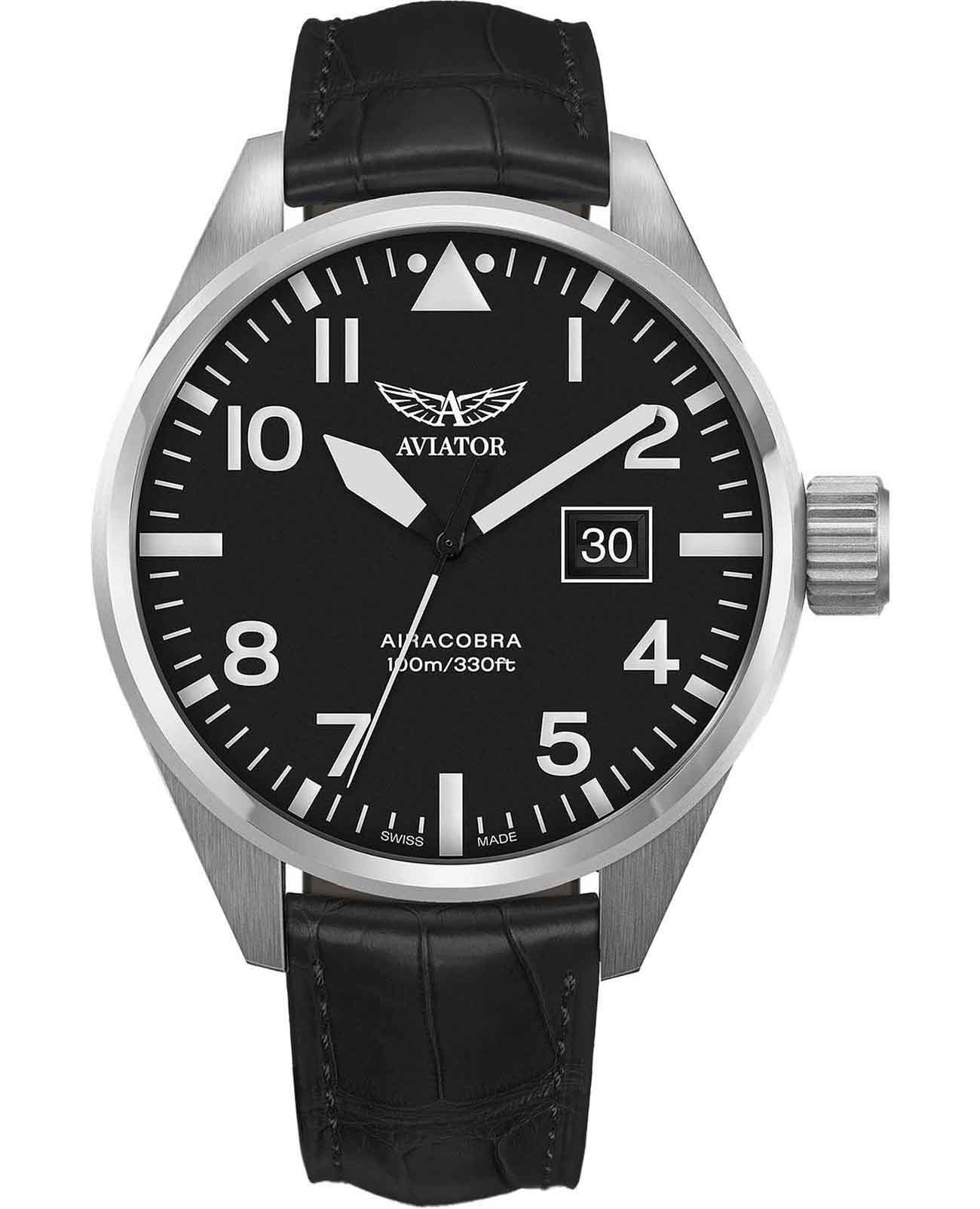 Aviator Aviator Airacobra V.1.22.0.148.4  V.1.22.0.148.4 кварцевые мужские часы черный циферблат, браслет кожаный — вид спереди
