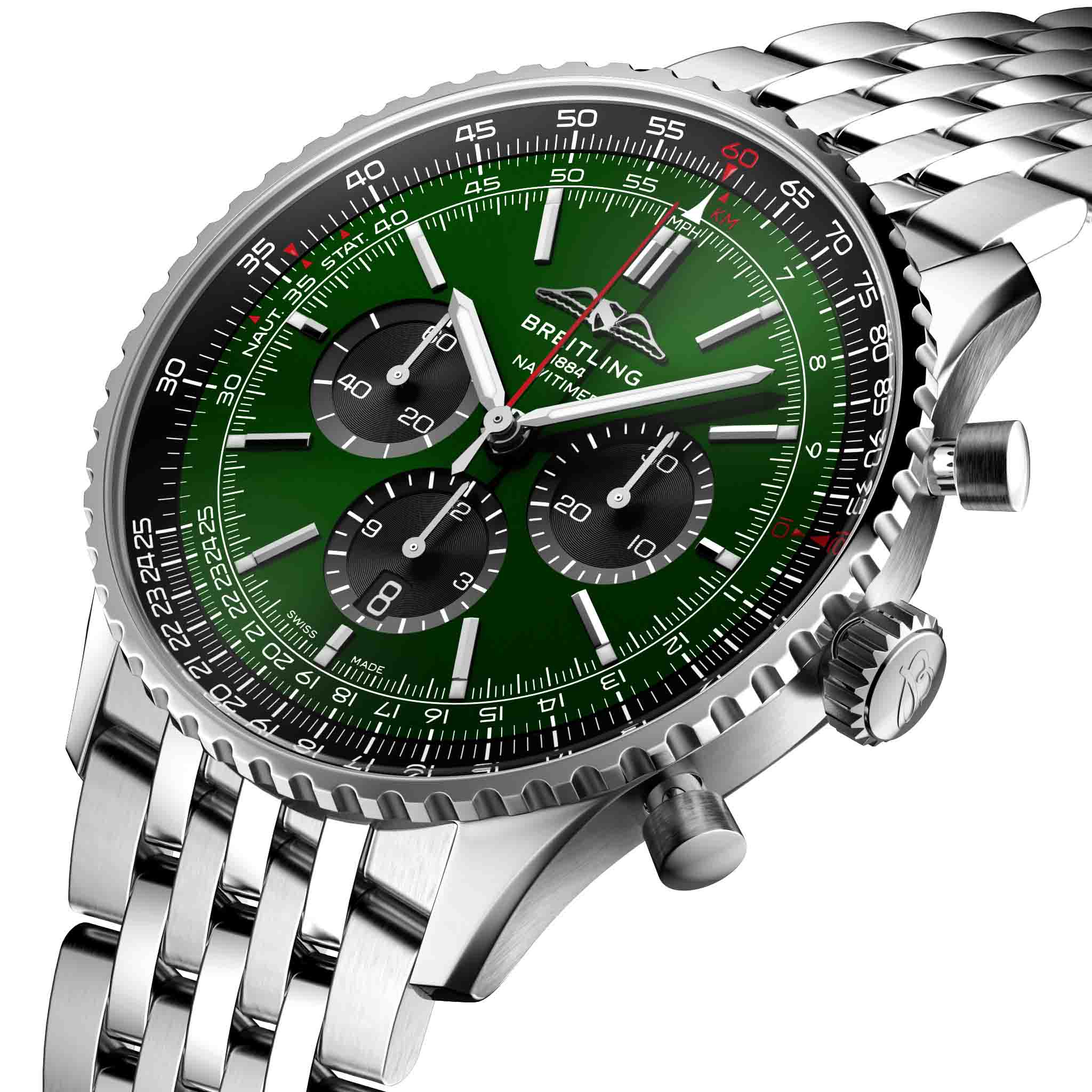 Breitling Breitling Navitimer B01 Chronograph 46 AB0137241L1A1 механические мужские часы часы крупный план зеленый циферблата