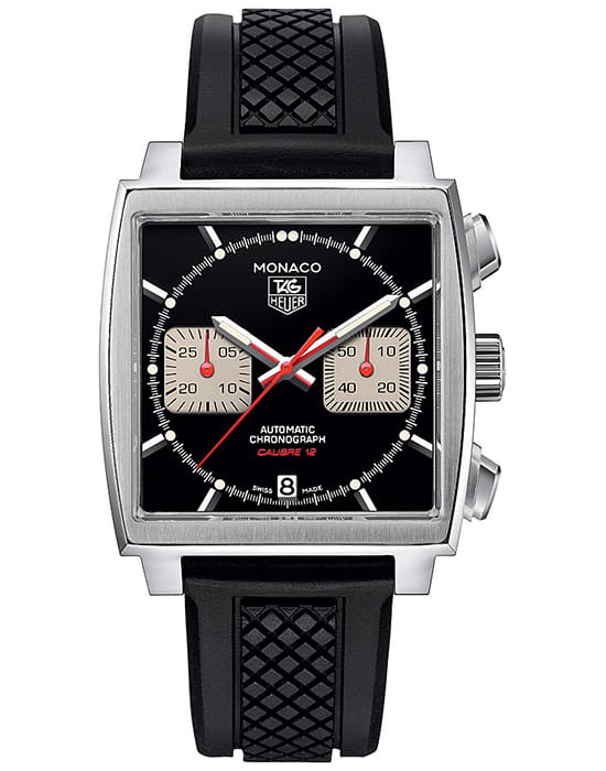 TAG Heuer TAG Heuer Monaco CAW2114.FT6021  CAW2114.FT6021 механические мужские часы черный циферблат, браслет каучук — вид спереди