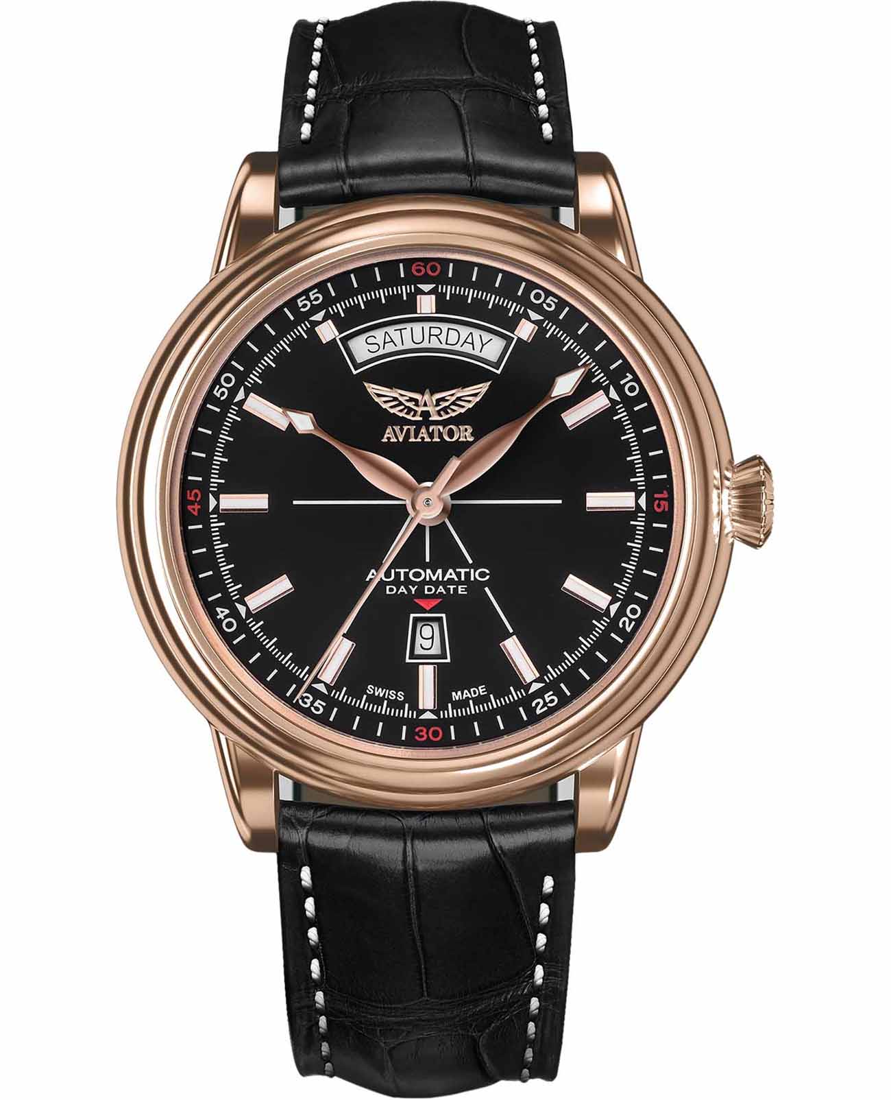 Aviator Aviator Douglas Day-Date V.3.20.2.146.4  V.3.20.2.146.4 механические мужские часы синий циферблат, браслет кожаный — вид спереди