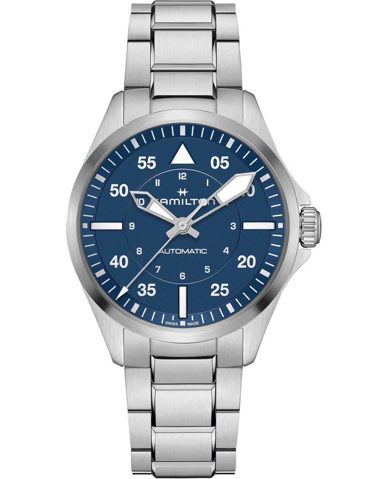 Hamilton Hamilton Khaki Aviation Pilot Auto H76305140  H76305140 механические мужские часы синий циферблат, браслет нержавеющая сталь — вид спереди