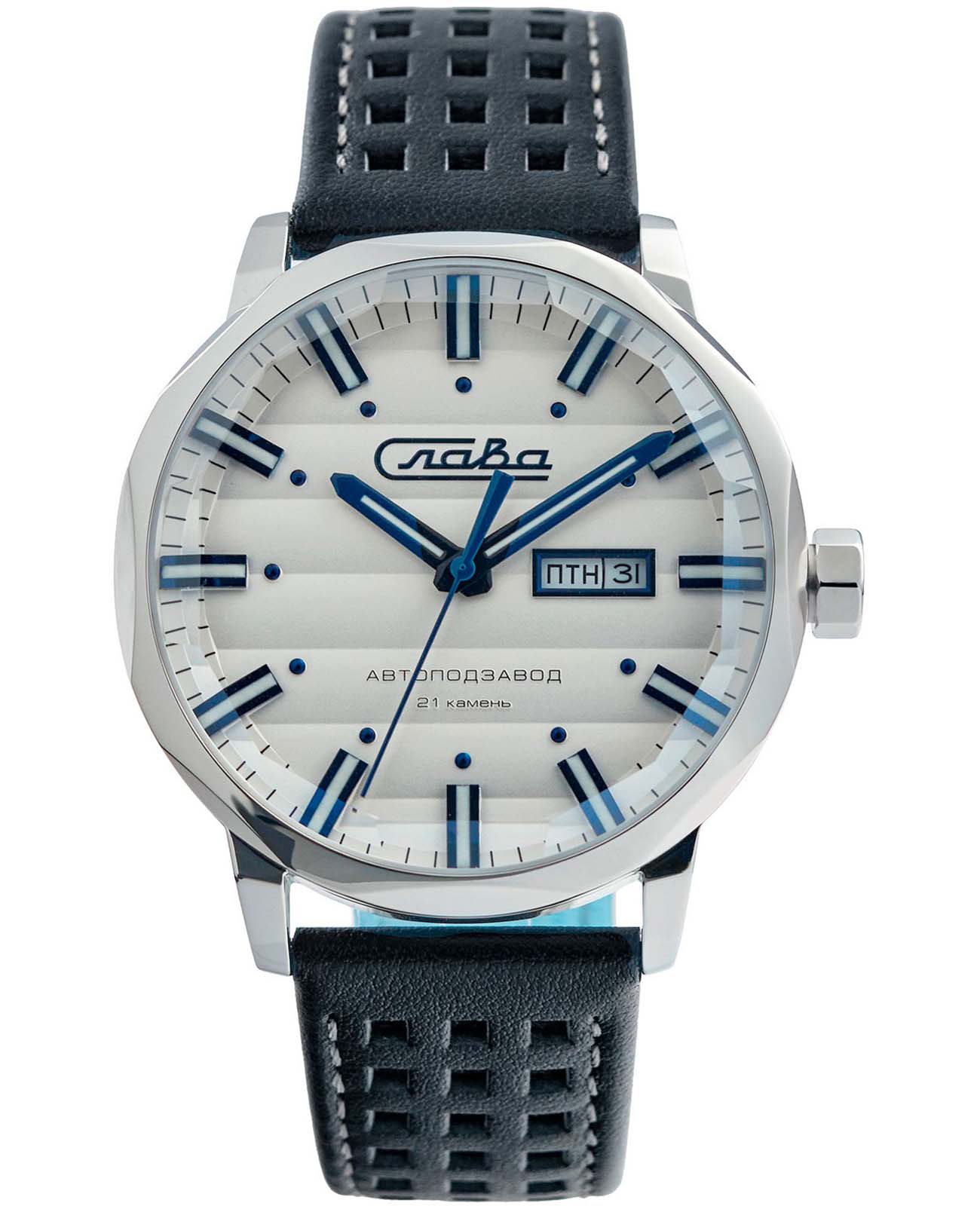 Слава Слава Эра 3020692/300-8205  3020692/300-8205 механические мужские часы синий циферблат, браслет кожаный — вид спереди