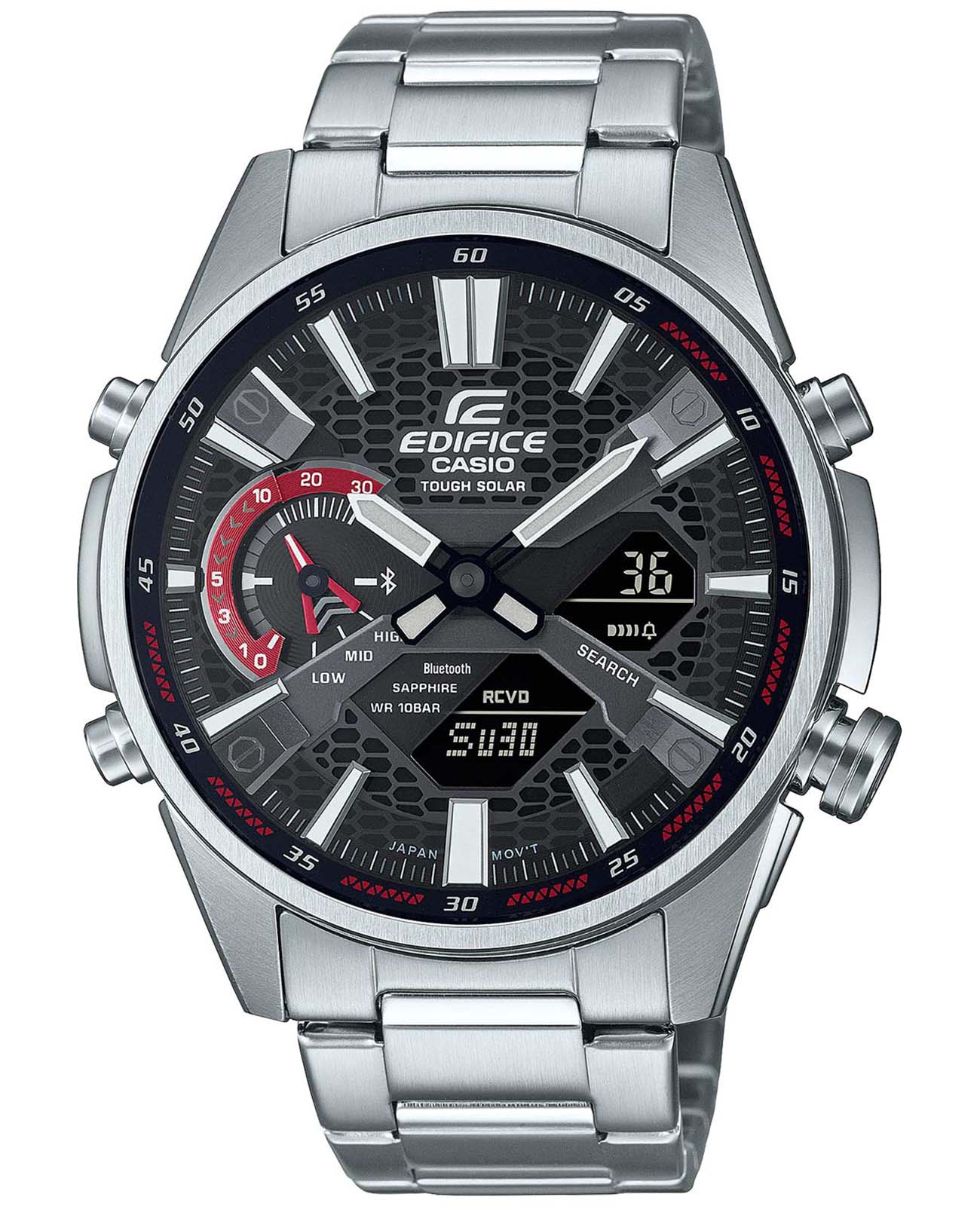 Casio Casio Edifice ECB-S100D-1A ECB ECB-S100D-1A кварцевые мужские часы черный циферблат, браслет нержавеющая сталь — вид спереди