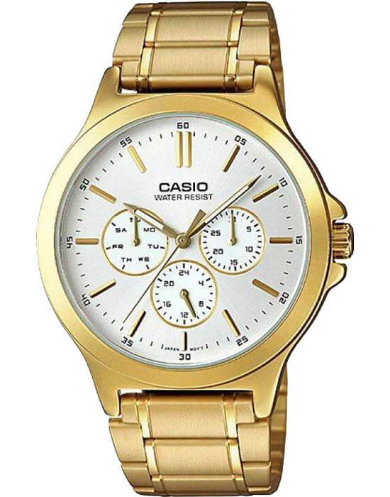 Casio Casio Collection MTP-V300G-7AUDF (MTP-V300G-7A)  MTP-V300G-7A кварцевые мужские часы белый циферблат, браслет нержавеющая сталь с ip-покрытием — вид спереди