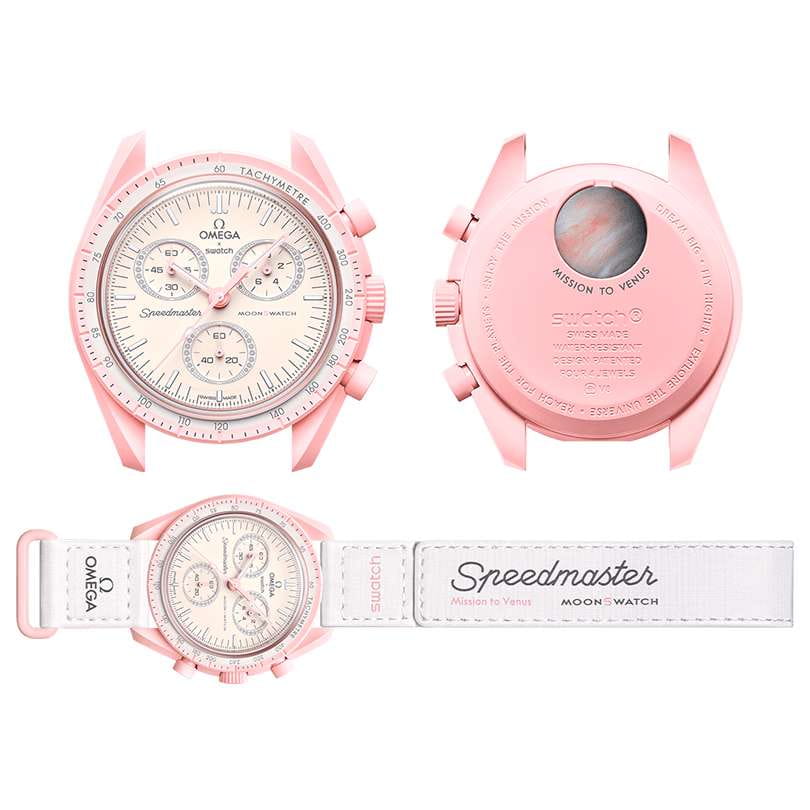 Оригинальные часы Swatch Swatch x Omega Bioceramic Moonswatch Mission to Venus SO33P100 кварцевые калибр механизма  общий вид