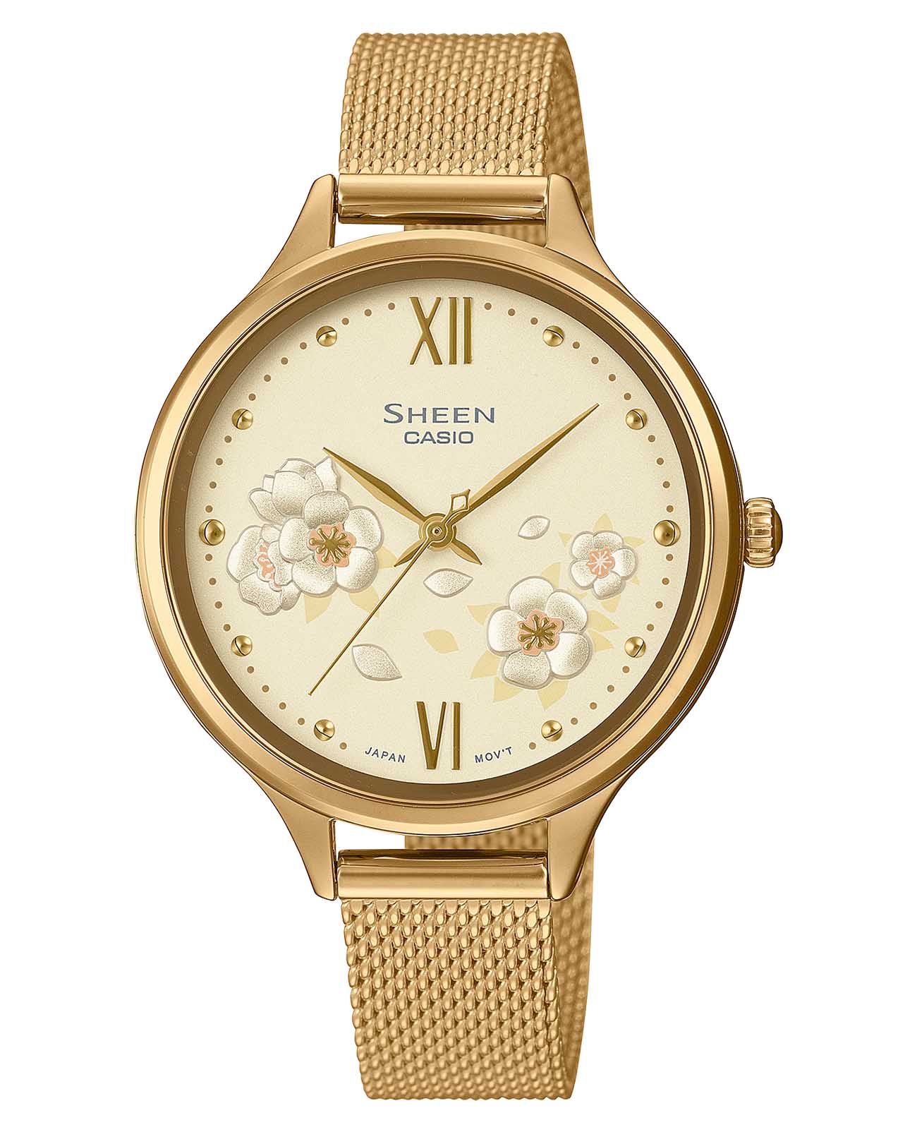 Casio Casio Sheen SHE-4551GM-9A  SHE-4551GM-9A кварцевые женские часы золотой циферблат, браслет сталь с ip покрытием — вид спереди