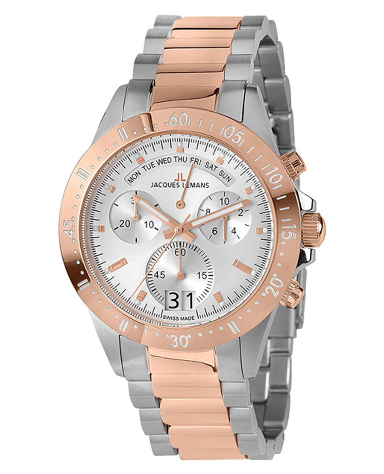 Jacques Lemans Jacques Lemans Sport 40-10B  40-10B кварцевые мужские часы серебристый циферблат, браслет нержавеющая сталь с ip-покрытием — вид спереди