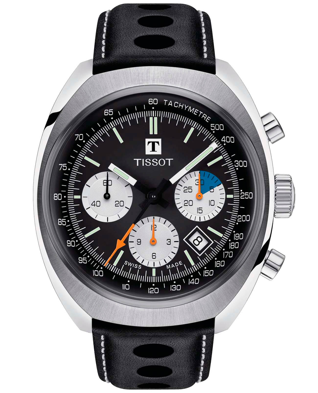 Tissot Tissot Heritage 1973 T124.427.16.051.00  T1244271605100 механические мужские часы черный циферблат, браслет кожаный — вид спереди