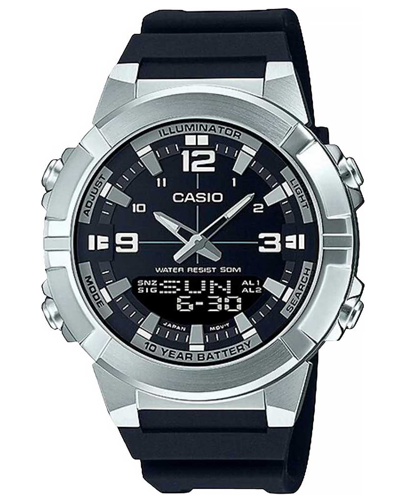 Casio Casio Collection AMW-870-1AVDF (AMW-870-1A)  AMW-870-1A кварцевые мужские часы черный циферблат, браслет пластик — вид спереди