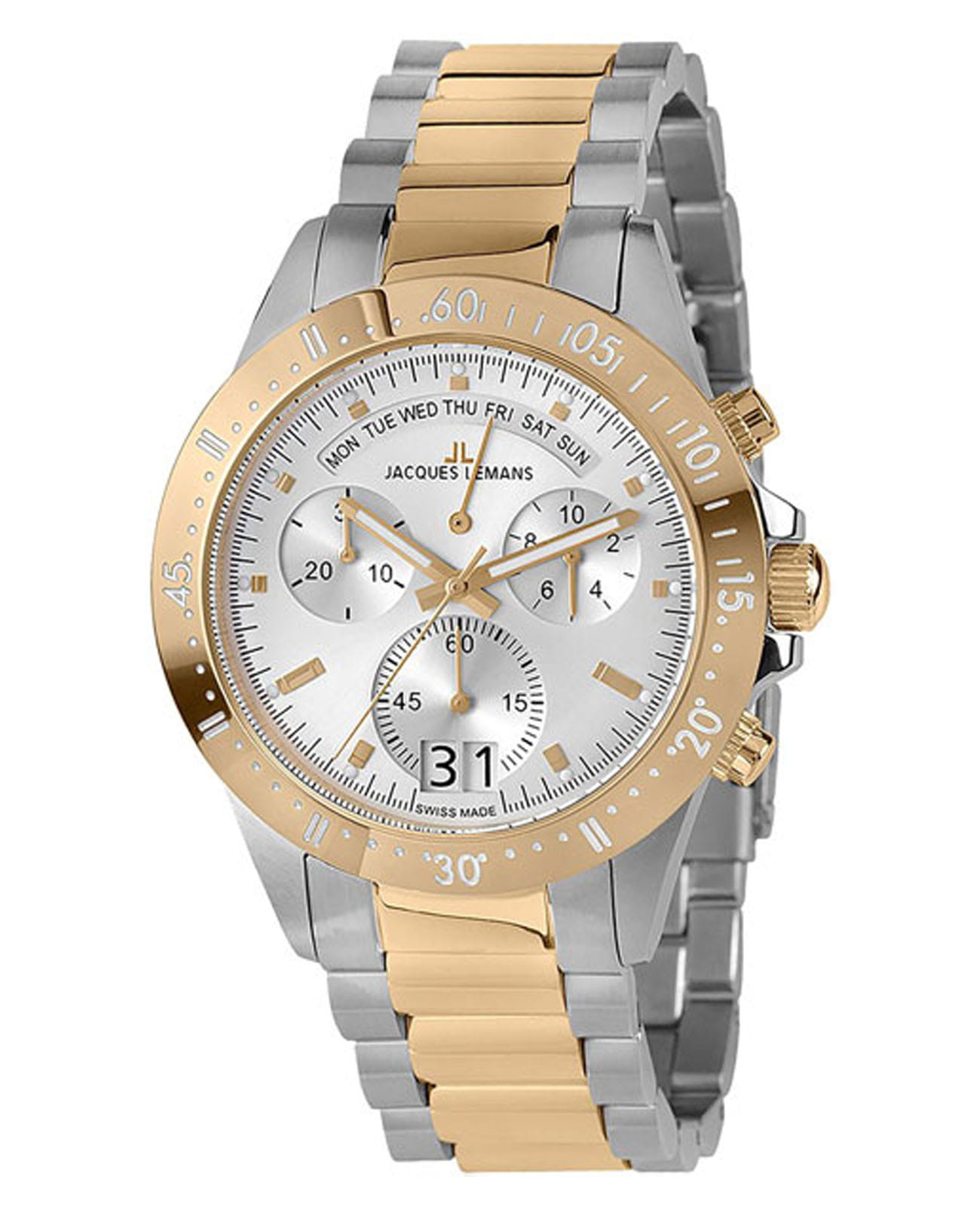 Jacques Lemans Jacques Lemans Sport 40-10C  40-10C кварцевые мужские часы серебристый циферблат, браслет нержавеющая сталь с ip-покрытием — вид спереди