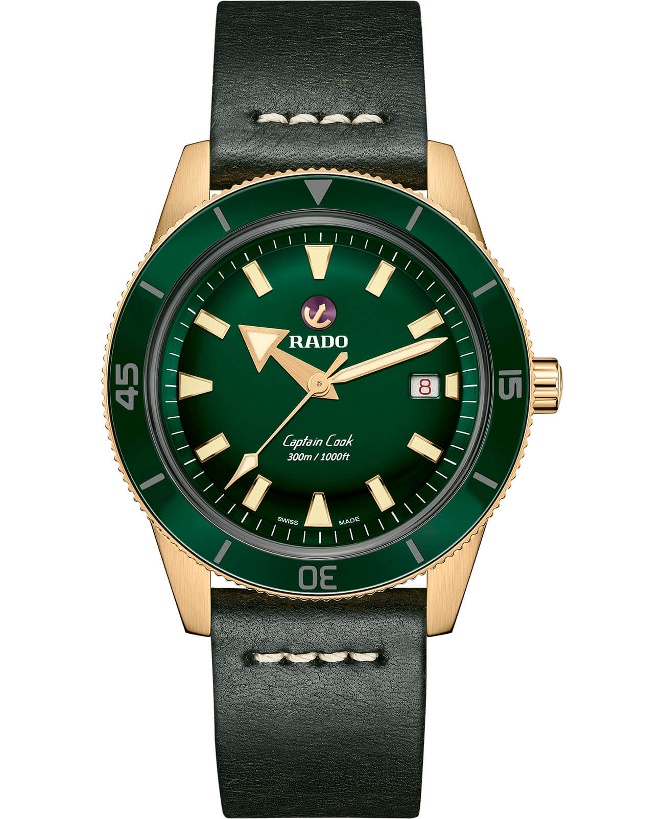 Rado Rado Captain Cook Automatic Bronze R32504315 Automatic R32504315 механические мужские часы зеленый циферблат, браслет кожаный — вид спереди