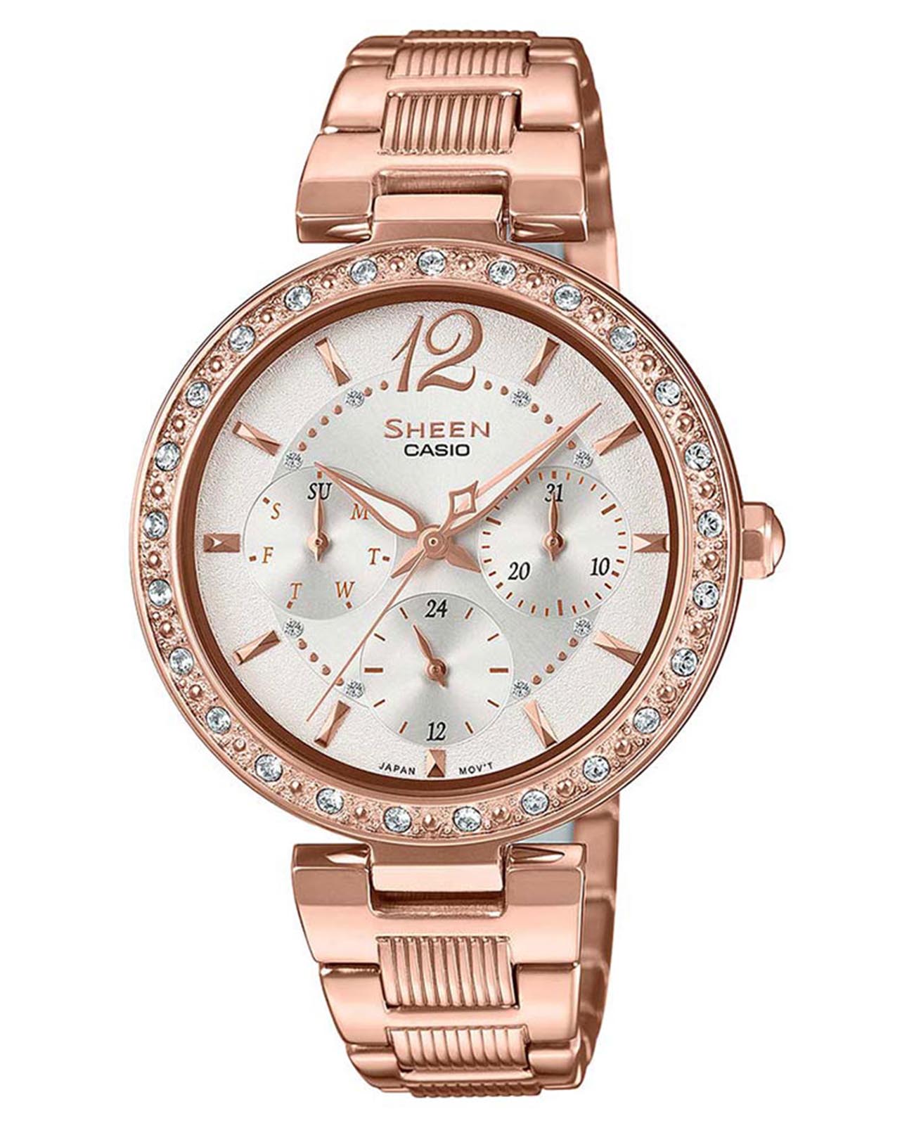 Casio Casio Sheen SHE-3065PG-7A  SHE-3065PG-7A кварцевые женские часы серебристый циферблат, браслет сталь с ip покрытием — вид спереди