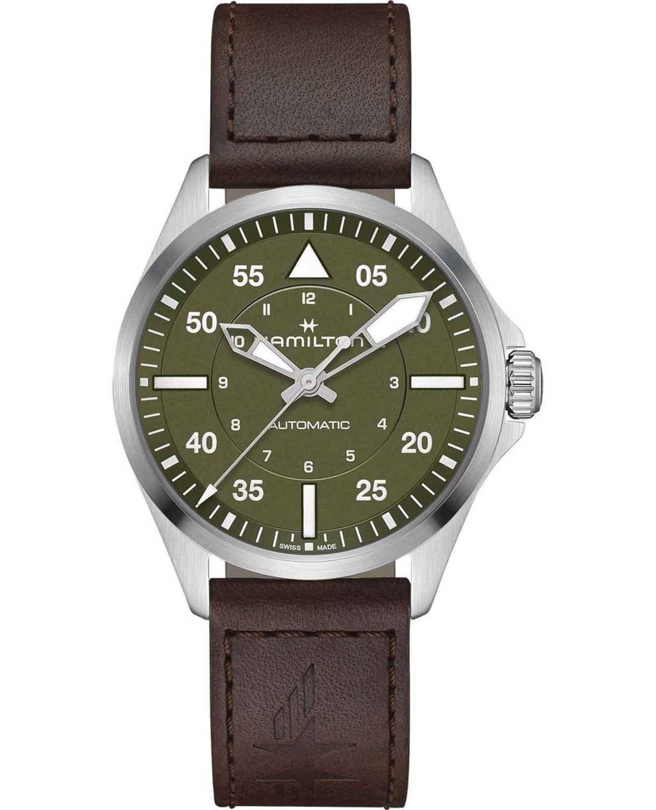 Hamilton Hamilton Khaki Aviation Pilot Auto H76305560  H76305560 механические мужские часы зеленый циферблат, браслет кожаный — вид спереди