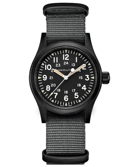 Hamilton Hamilton Khaki Field Mechanical H69409930  H69409930 механические мужские часы черный циферблат, браслет тканевый — вид спереди