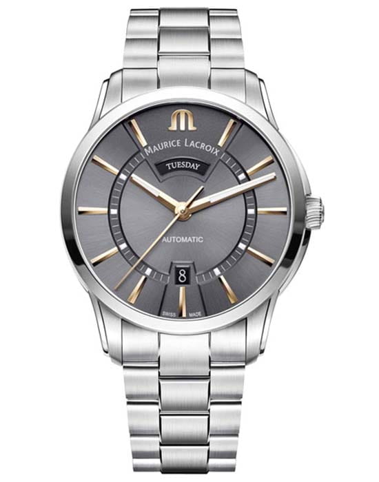 Maurice Lacroix Maurice Lacroix Pontos Day Date PT6358-SS002-331-1  PT6358-SS002-331-1 механические мужские часы серый циферблат, браслет нержавеющая сталь — вид спереди