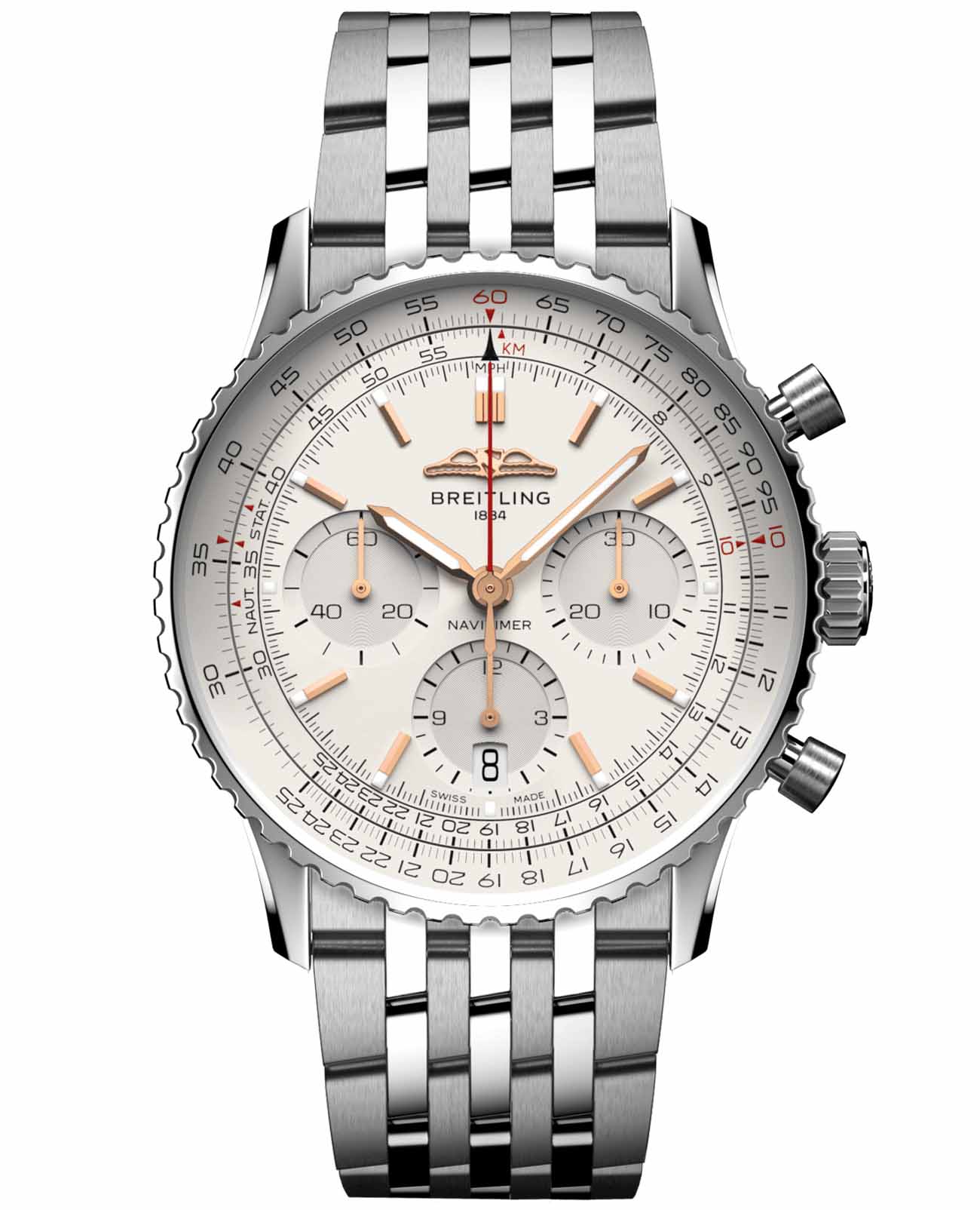 Breitling Breitling Navitimer B01 Chronograph 41 AB0139211G1A1  AB0139211G1A1 механические мужские часы белый циферблат, браслет нержавеющая сталь — вид спереди