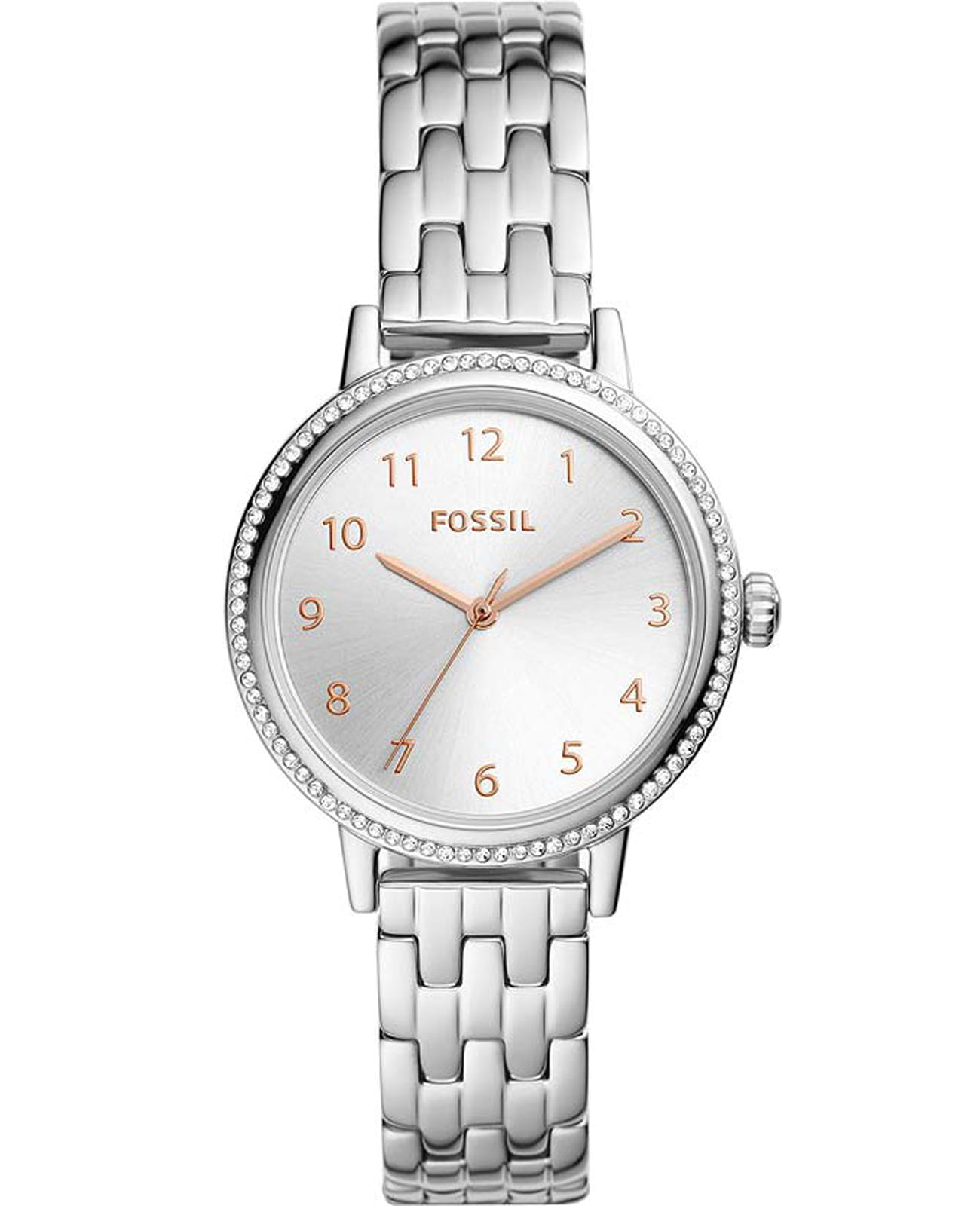 Fossil Fossil Bannon  BQ3654  BQ3654 кварцевые женские часы белый циферблат, браслет нержавеющая сталь — вид спереди