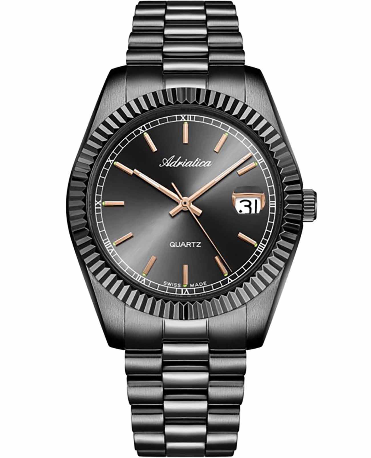 Adriatica Adriatica Premiere A1090.S1R7Q  A1090.S1R7Q кварцевые мужские часы черный циферблат, браслет нержавеющая сталь с pvd-покрытием — вид спереди