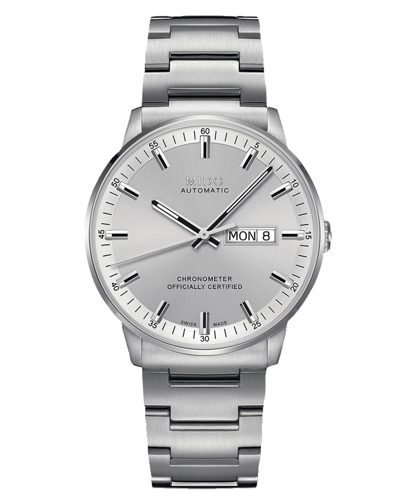 Mido Mido Commander Chronometer M021.431.11.031.00  M0214311103100 механические мужские часы серебристый циферблат, браслет нержавеющая сталь — вид спереди