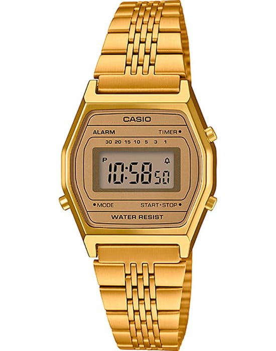 Casio Casio Illuminator LA690WEGA-9  LA690WEGA-9EF кварцевые женские часы золотой циферблат, браслет сталь с ip покрытием — вид спереди