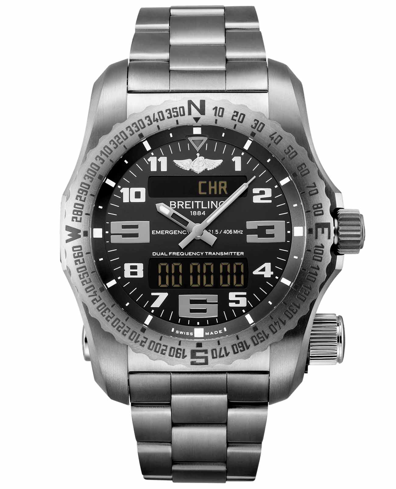 Breitling Breitling Emergency E76325221B1E1  E76325221B1E1 кварцевые мужские часы черный циферблат, браслет титановый — вид спереди