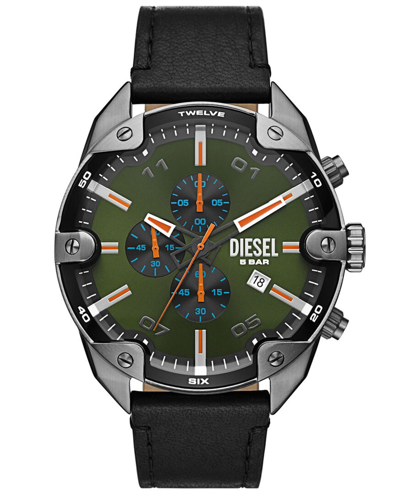 Diesel Diesel Spiked DZ4626  DZ4626 кварцевые мужские часы зеленый циферблат, браслет кожаный — вид спереди