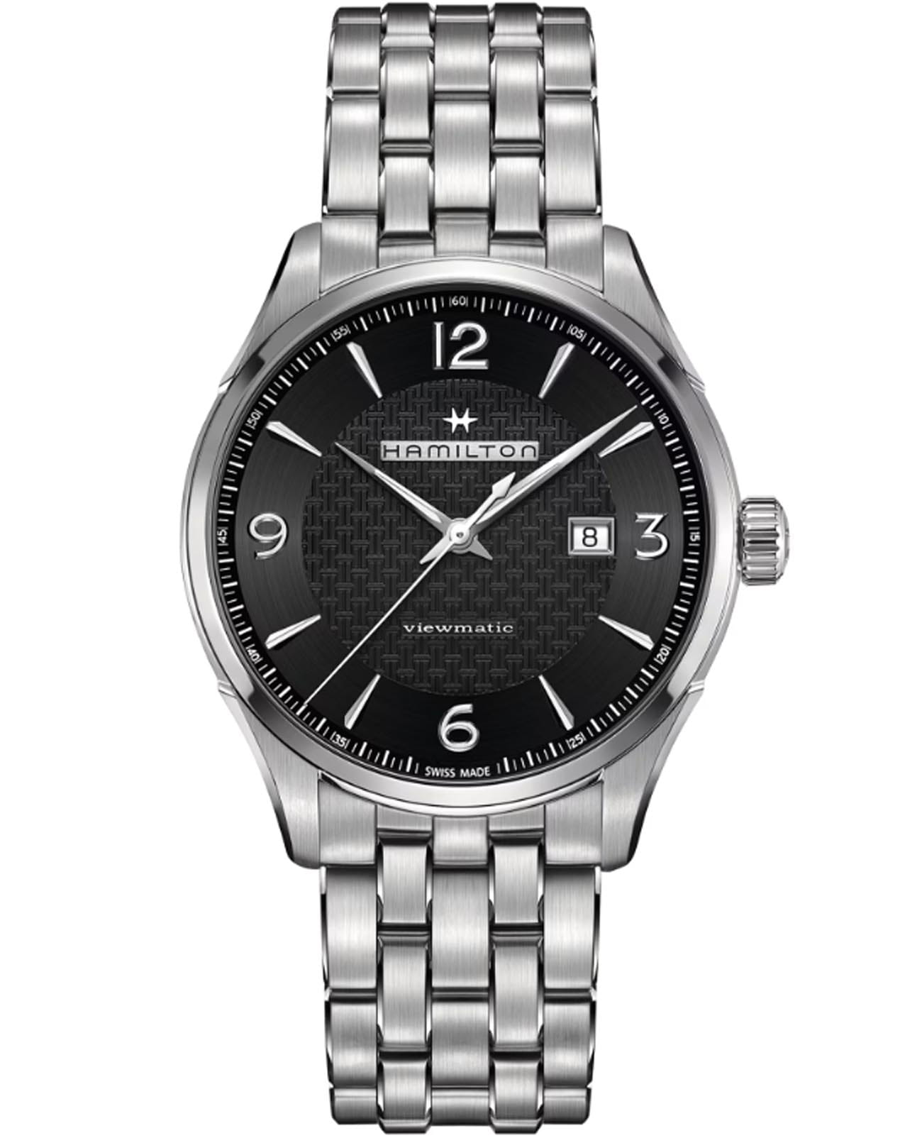 Hamilton Hamilton Jazzmaster Viewmatic Auto H32755131  H32755131 механические мужские часы черный циферблат, браслет нержавеющая сталь — вид спереди