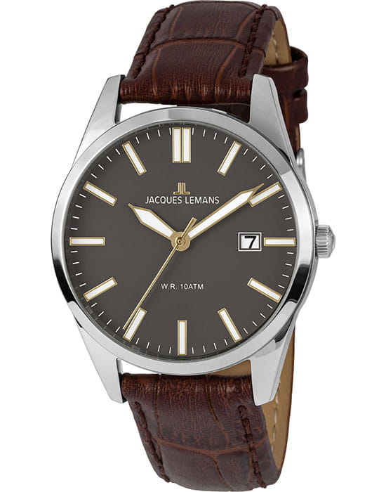 Jacques Lemans Jacques Lemans 1-2002G  1-2002G кварцевые мужские часы коричневый циферблат, браслет кожаный — вид спереди