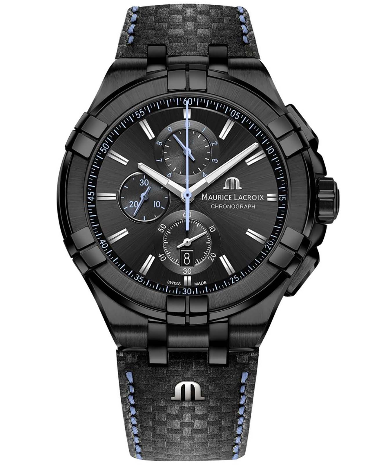 Maurice Lacroix Maurice Lacroix Aikon Chronograph AI1018-PVB01-337-1  AI1018-PVB01-337-1 кварцевые мужские часы черный циферблат, браслет кожаный — вид спереди