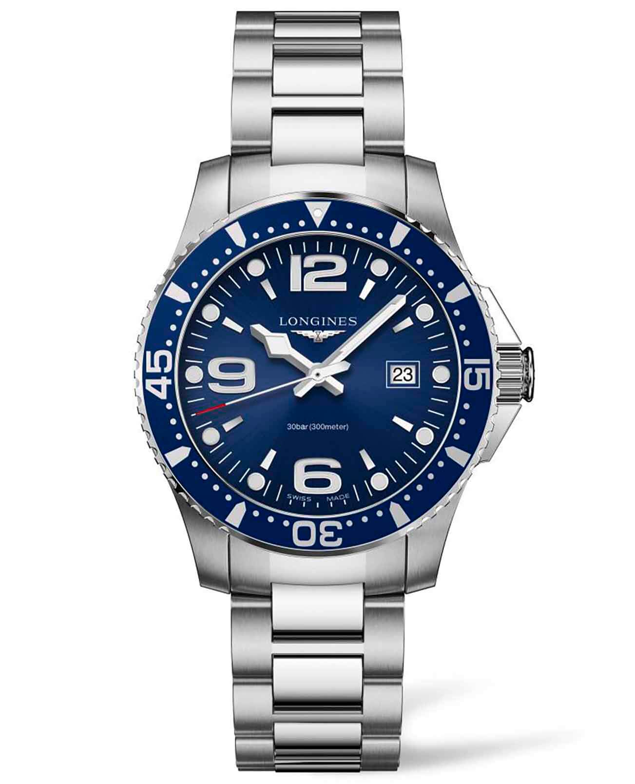 Longines Longines HydroConquest L3.730.4.96.6  L37304966 кварцевые мужские часы синий циферблат, браслет нержавеющая сталь — вид спереди