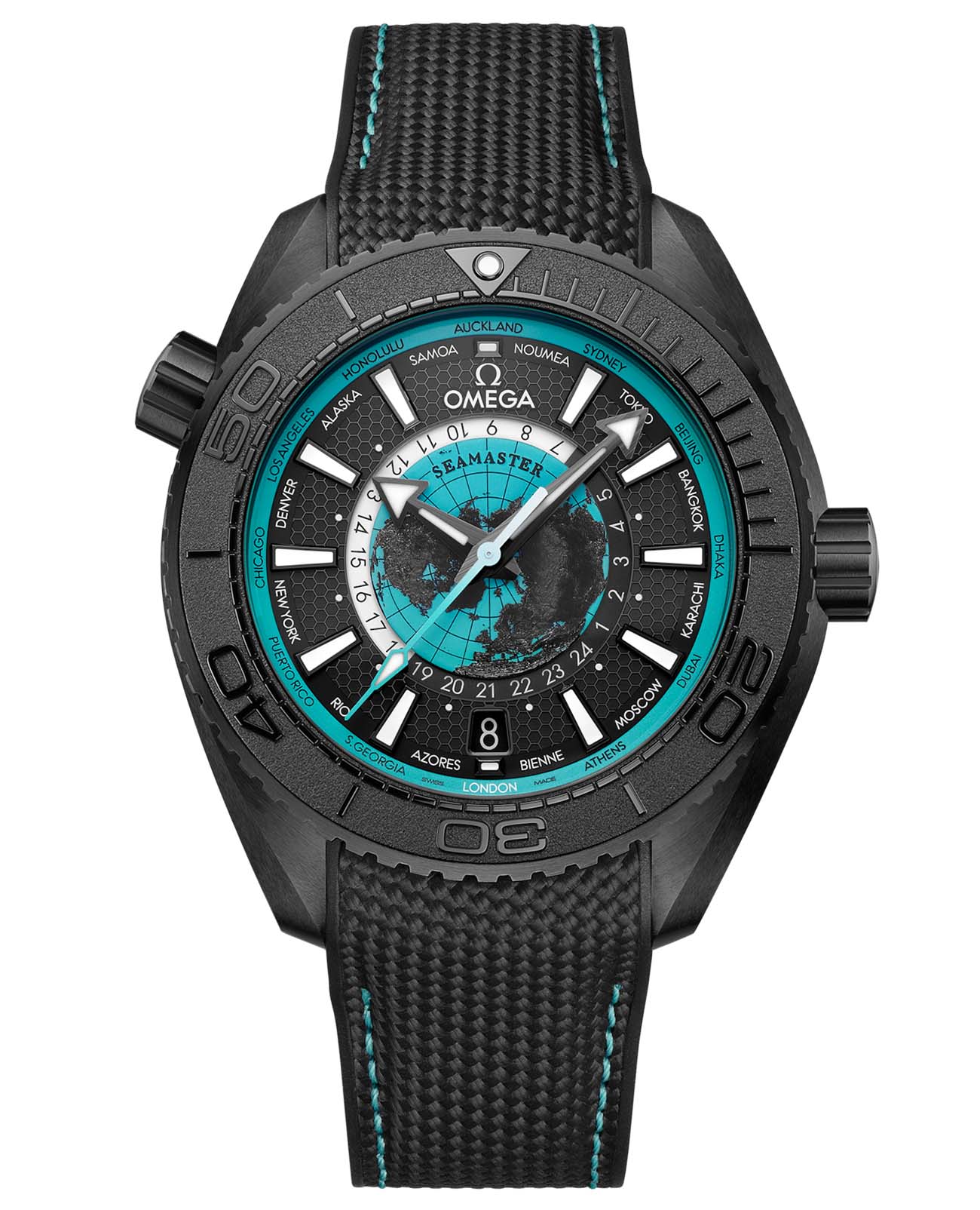 Omega Omega Seamaster Planet Ocean 600M 215.92.46.22.01.006  Planet Ocean 21592462201006 механические мужские часы черный циферблат, браслет каучук — вид спереди