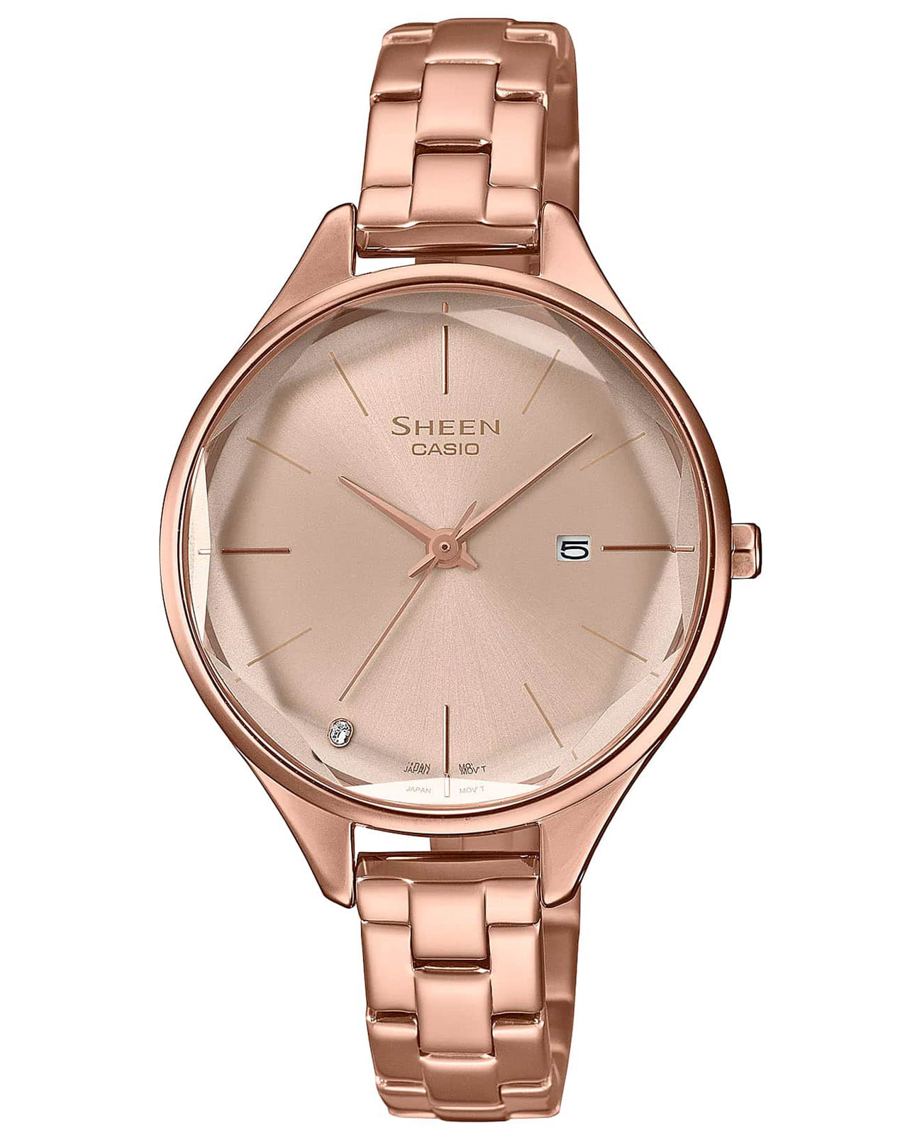 Casio Casio Sheen SHE-4062PG-4A  SHE-4062PG-4A кварцевые женские часы золотой циферблат, браслет сталь с ip покрытием — вид спереди