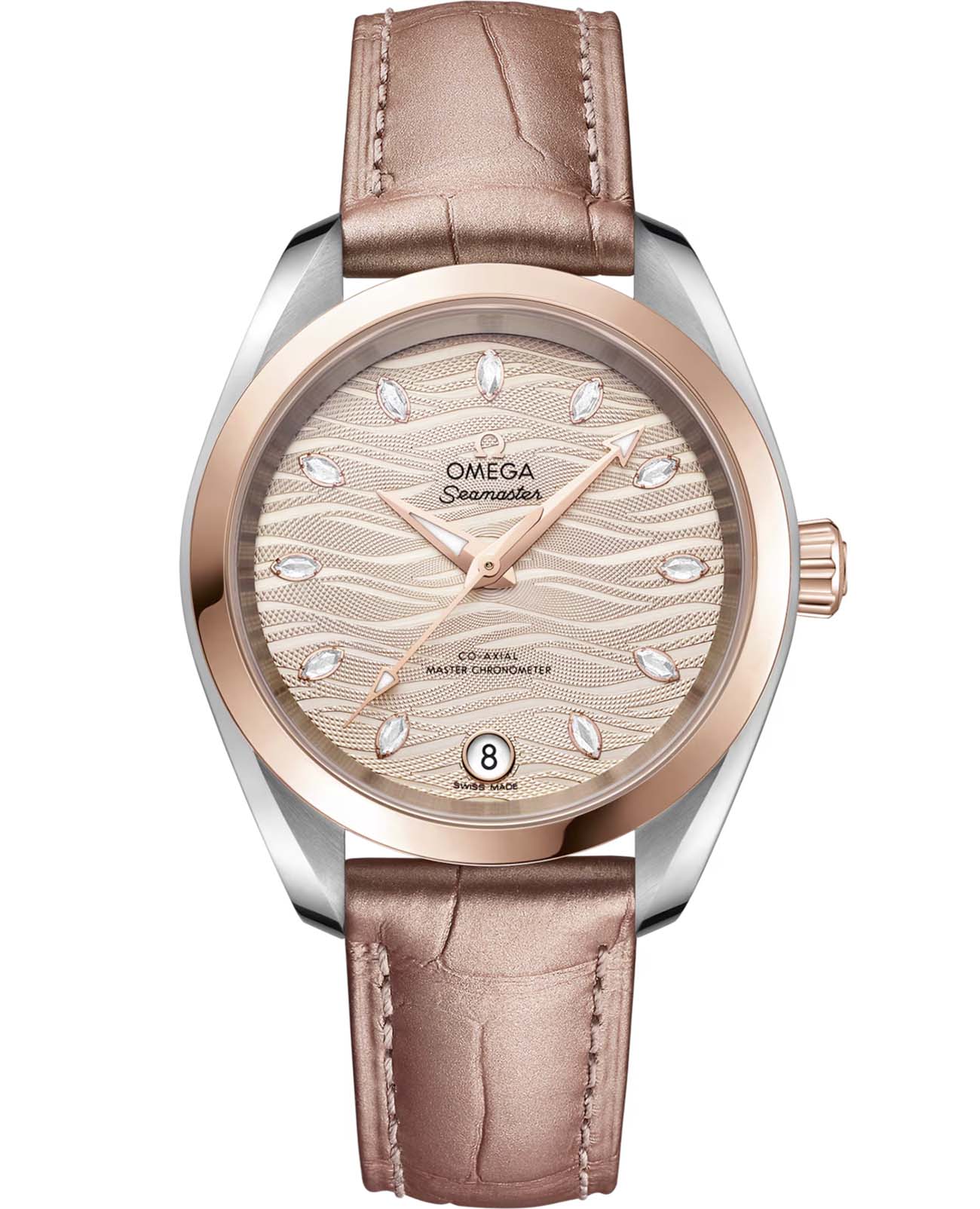 Omega Omega Seamaster Aqua Terra 220.23.34.20.59.001 Aqua Terra 22023342059001 механические женские часы бежевый циферблат, браслет кожаный — вид спереди
