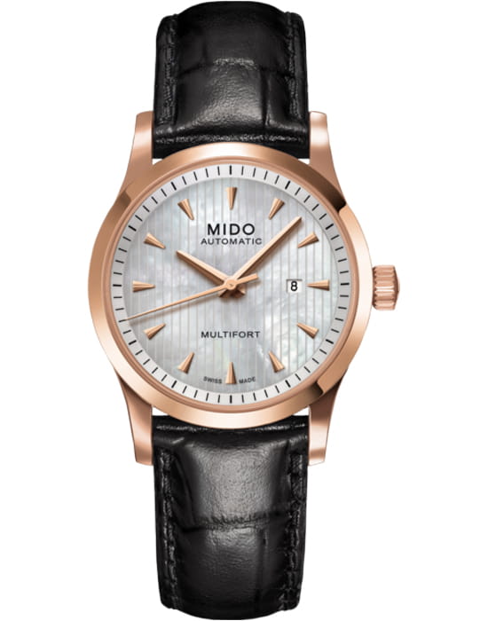 Mido Mido Multifortrosablk LeatherMop M005.007.36.101.00  M0050073610100 механические женские часы перламутровый циферблат, браслет кожаный — вид спереди
