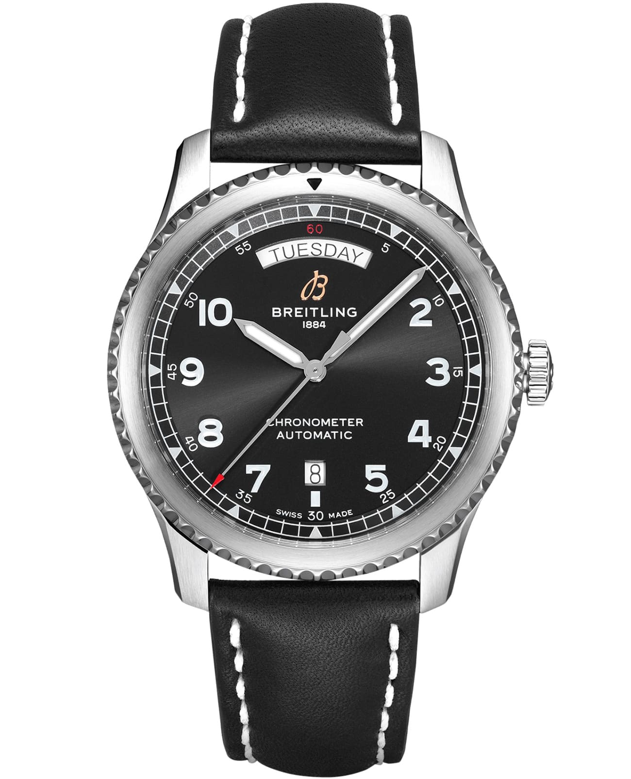 Breitling Breitling Aviator 8 Automatic Day & Date 41 A45330101B1X1  A45330101B1X1 механические мужские часы черный циферблат, браслет кожаный — вид спереди