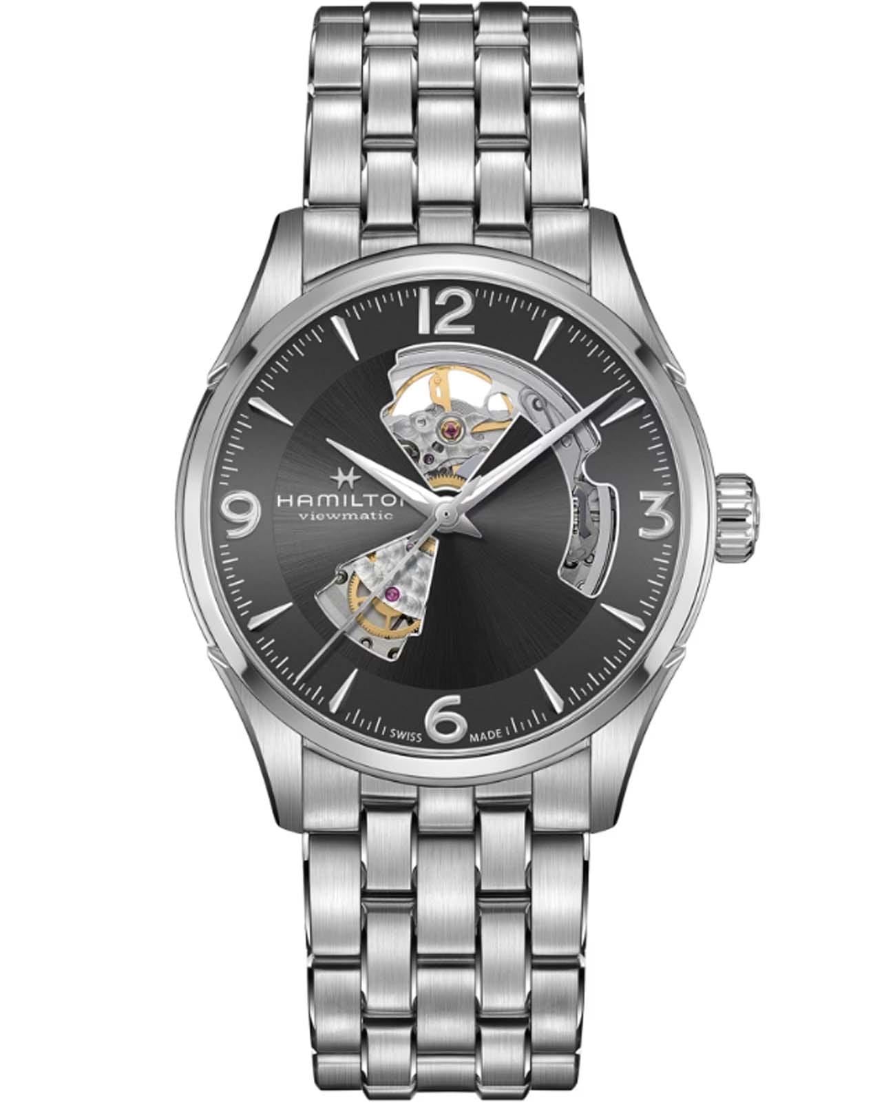 Hamilton Hamilton Jazzmaster Open Heart Auto H32705181  H32705181 механические мужские часы серый циферблат, браслет нержавеющая сталь — вид спереди