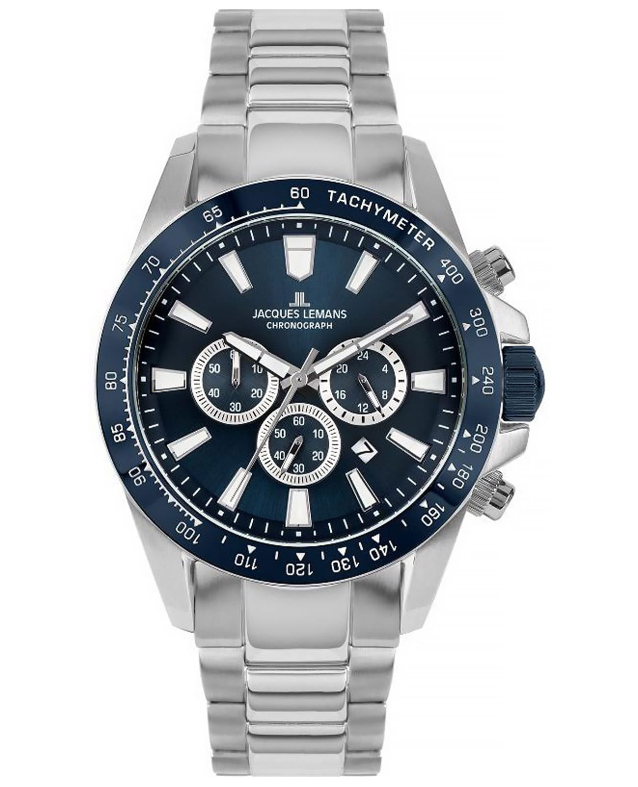 Jacques Lemans Jacques Lemans Sport 1-2140F  1-2140F кварцевые мужские часы синий циферблат, браслет нержавеющая сталь — вид спереди